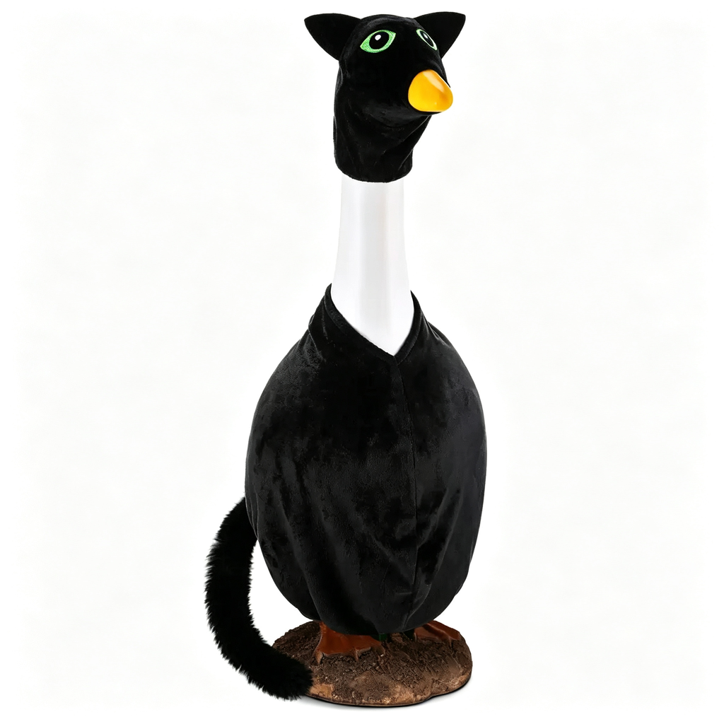 Fun Whimsical Black Cat Goose Outfit, Novelty Animal‑Themed Costume Set with Cat Head Cover & Furry Tail, Decor Accessory for 23‑Inch Lawn Goose Statue, Goose Figure Not Included