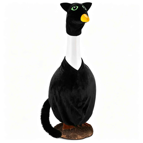 Porch goose dressed as a black cat with plush cat ear hood, green eyes, and furry tail