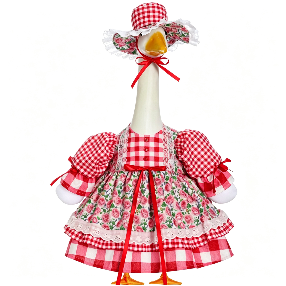 Vintage Farmhouse Porch Goose Outfit for 23‑Inch Lawn Goose Statue, Red Gingham Floral Dress with Wide‑Brim Sun Hat, Rustic Garden‑Style Yard Display Costume, Goose Statue NOT Included
