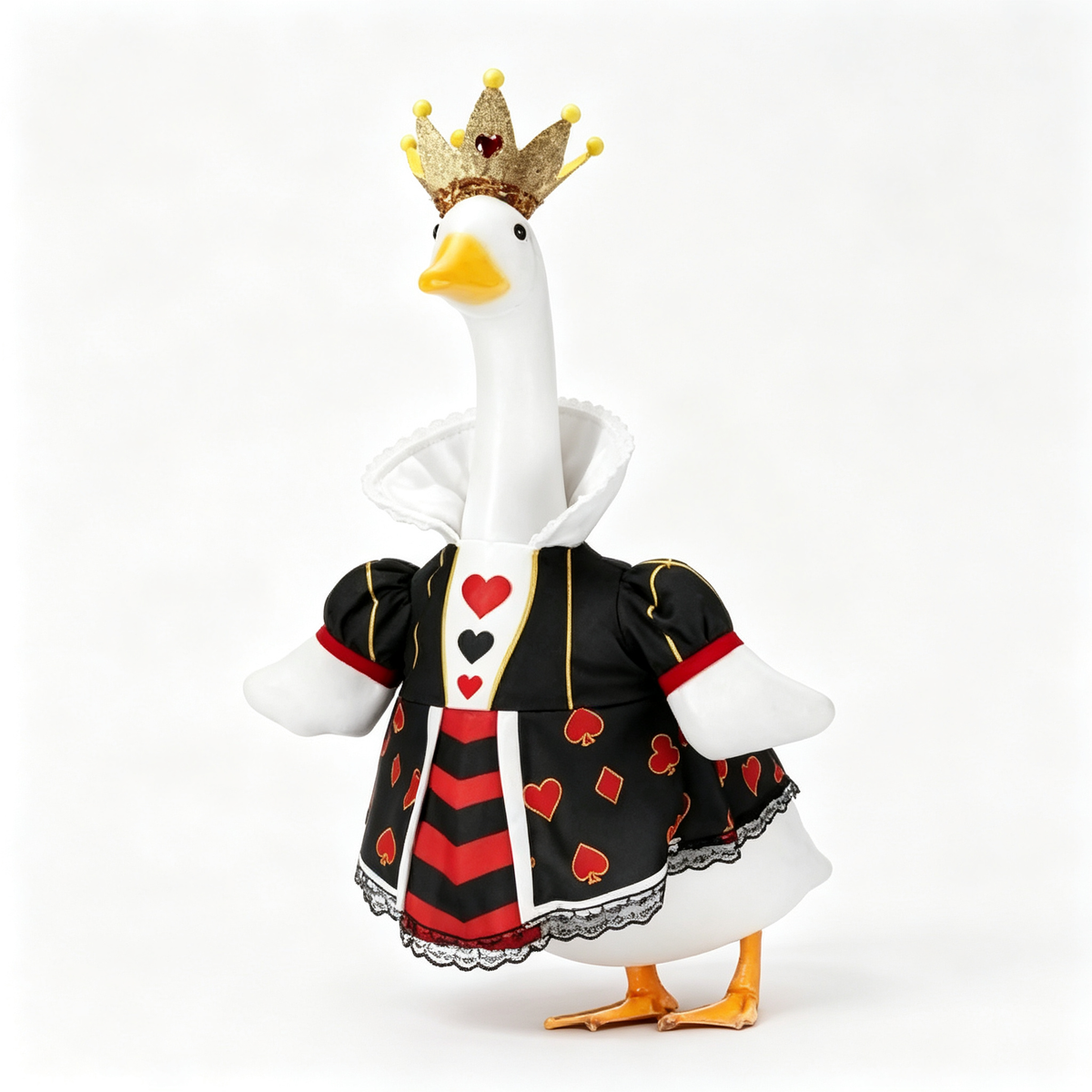 Royal Queen Style Porch Goose Outfit for 23‑Inch Lawn Goose Statue, Black Red Card Suit Costume with Glitter Crown, Noble Themed Yard Display Outfit, Goose Statue NOT Included