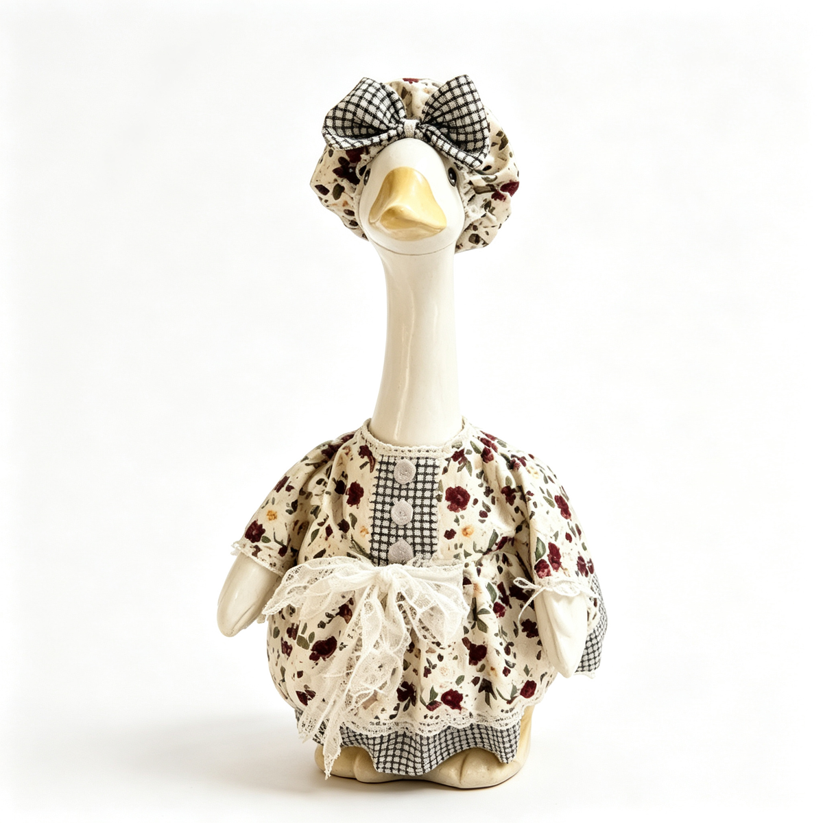 Cute Cottage‑Style Porch Goose Outfit for 23‑Inch Lawn Goose Statue, Floral Plaid Print Costume with Bow Bonnet & Lace Accent, Garden Yard Display Costume, Goose Statue NOT Included