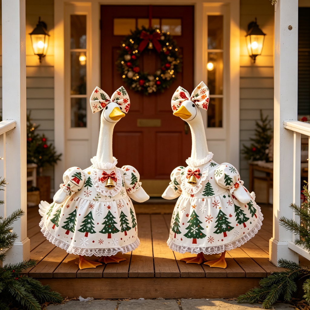 23" Porch Goose Christmas Outfit, Tree‑Snowflake Dress w/ Bow & Bell, Statue Not Included