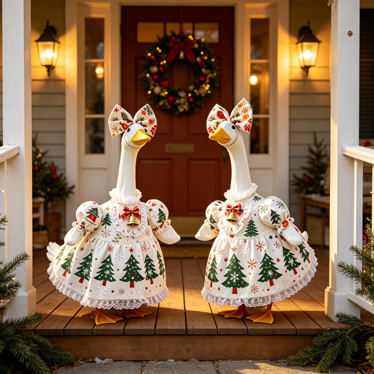 23" Porch Goose Christmas Outfit, Tree‑Snowflake Dress w/ Bow & Bell, Statue Not Included