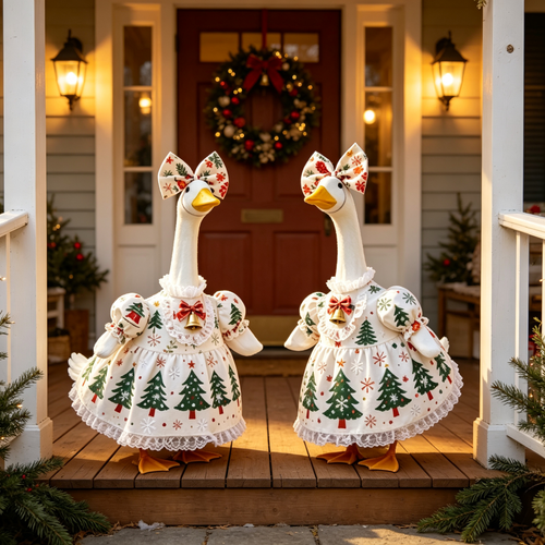 23" Porch Goose Christmas Outfit, Tree‑Snowflake Dress w/ Bow & Bell, Statue Not Included