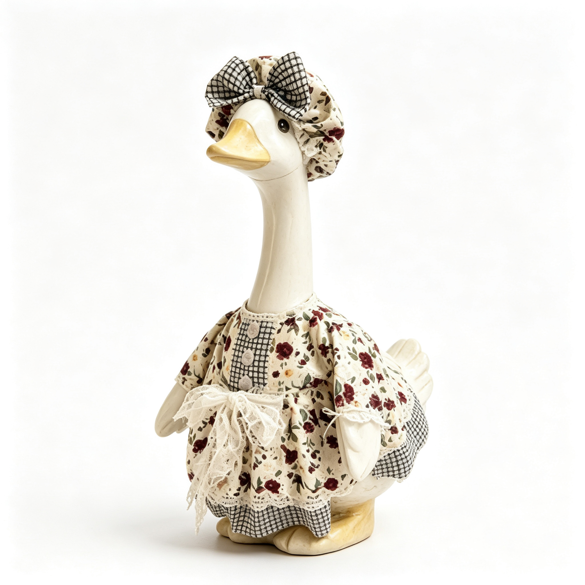 Cute Cottage‑Style Porch Goose Outfit for 23‑Inch Lawn Goose Statue, Floral Plaid Print Costume with Bow Bonnet & Lace Accent, Garden Yard Display Costume, Goose Statue NOT Included