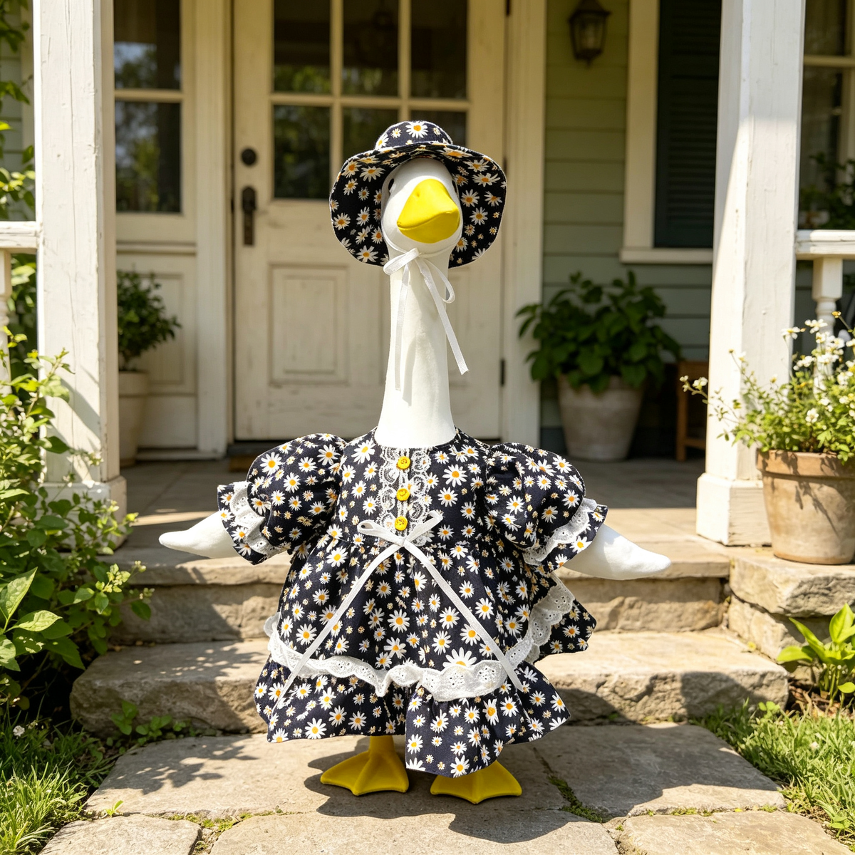 Porch Goose Outfit, Daisy Print Lace Dress with Sun Hat Set, 23 Inch Lawn Goose Clothes for Yard Patio Porch Outdoor Spring Summer Decor