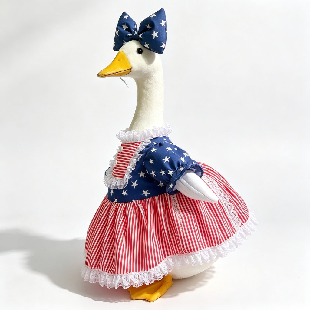 Patriotic Americana Porch Goose Outfit for 23‑Inch Lawn Goose Statue, Star‑Stripe Themed Dress with Large Bow & Lace Trim, Independence Day Yard Display Costume, Goose Statue NOT Included