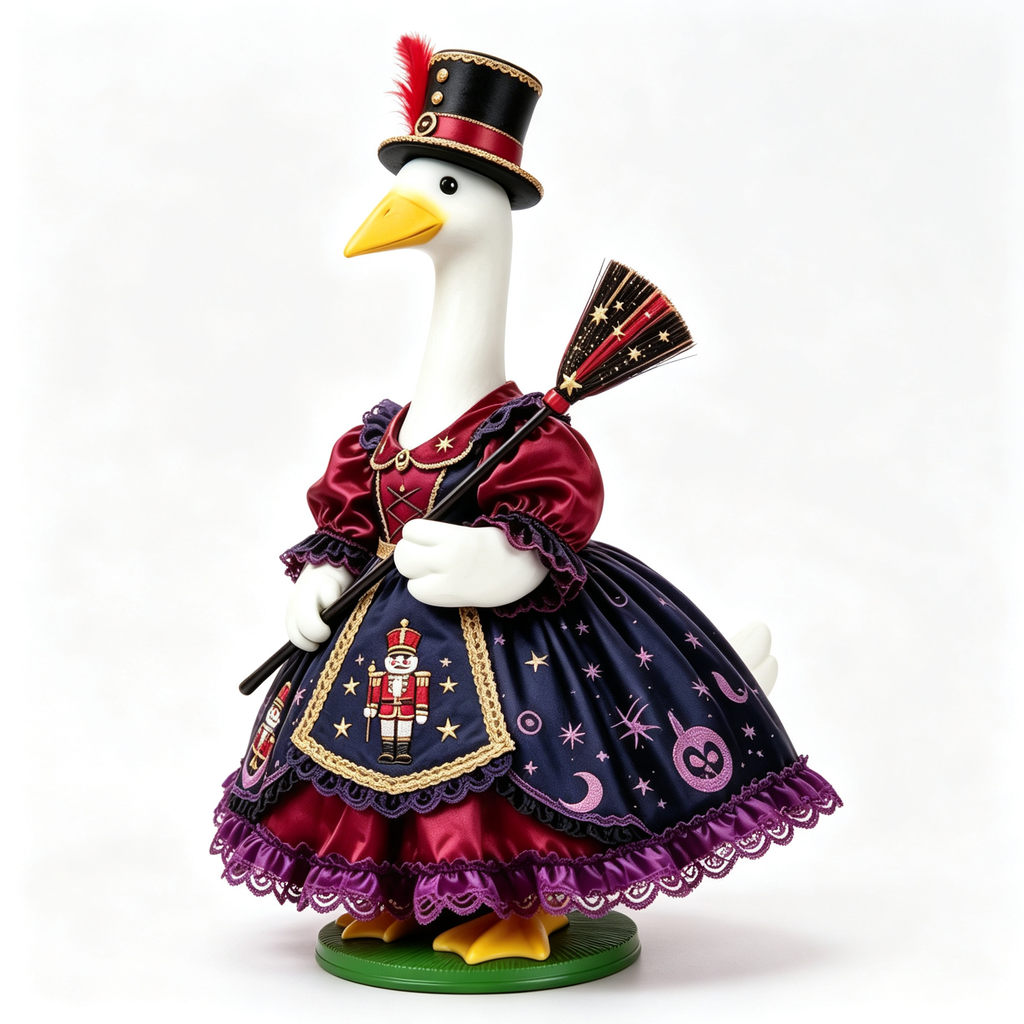 Dark Carnival‑Themed Porch Goose Outfit for 23‑Inch Lawn Goose Statue, Nutcracker & Celestial Print Costume with Top Hat & Decorative Broom, Halloween Yard Display Costume, Goose Statue NOT Included