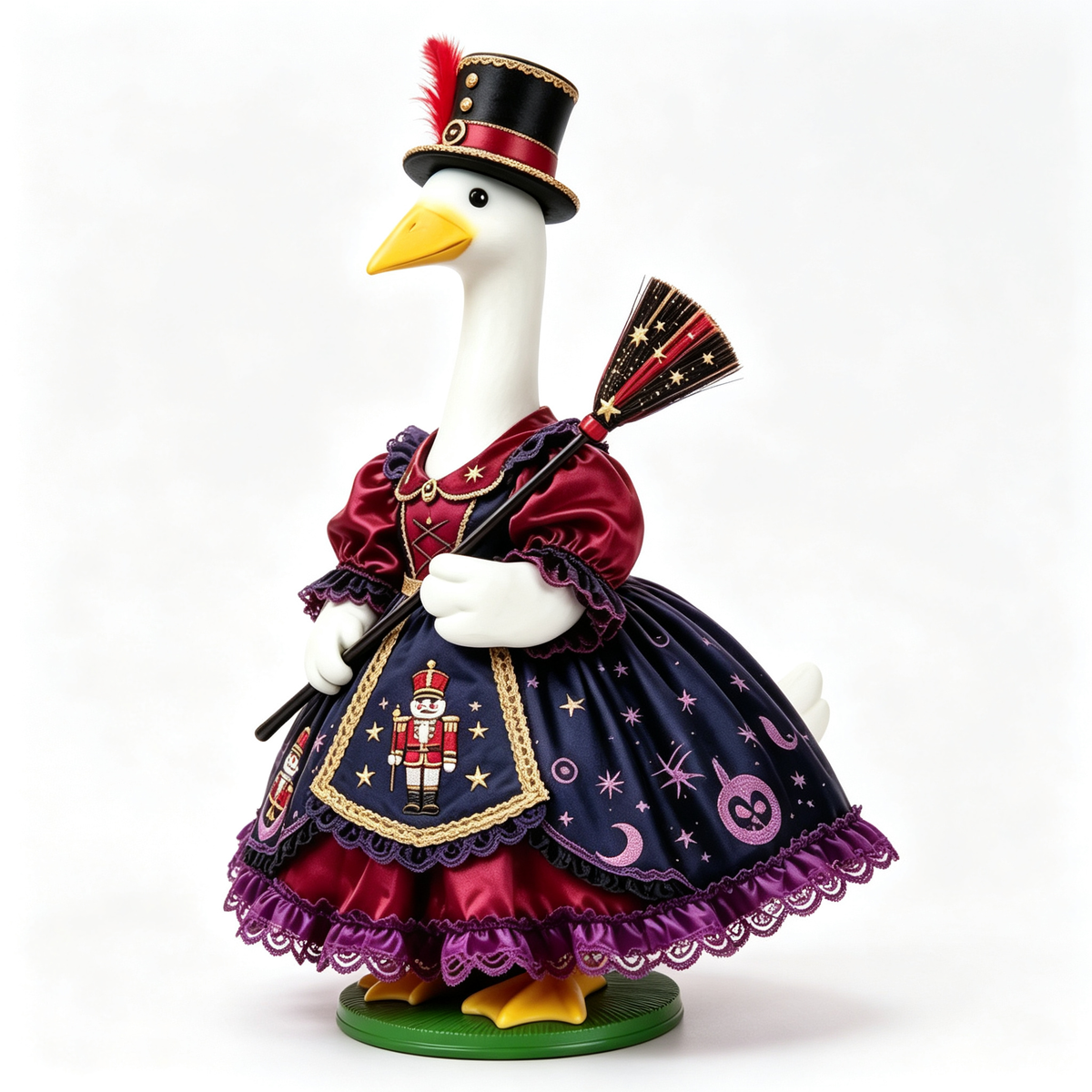 Dark Carnival‑Themed Porch Goose Outfit for 23‑Inch Lawn Goose Statue, Nutcracker & Celestial Print Costume with Top Hat & Decorative Broom, Halloween Yard Display Costume, Goose Statue NOT Included