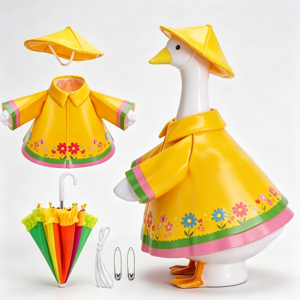 Cute Spring Rainy‑Day Goose Outfit, Playful Cartoon‑Style Raincoat Costume Set with Hat & Mini Umbrella, Decor Accessory for 23‑Inch Lawn Goose Statue, Goose Statue Not Included