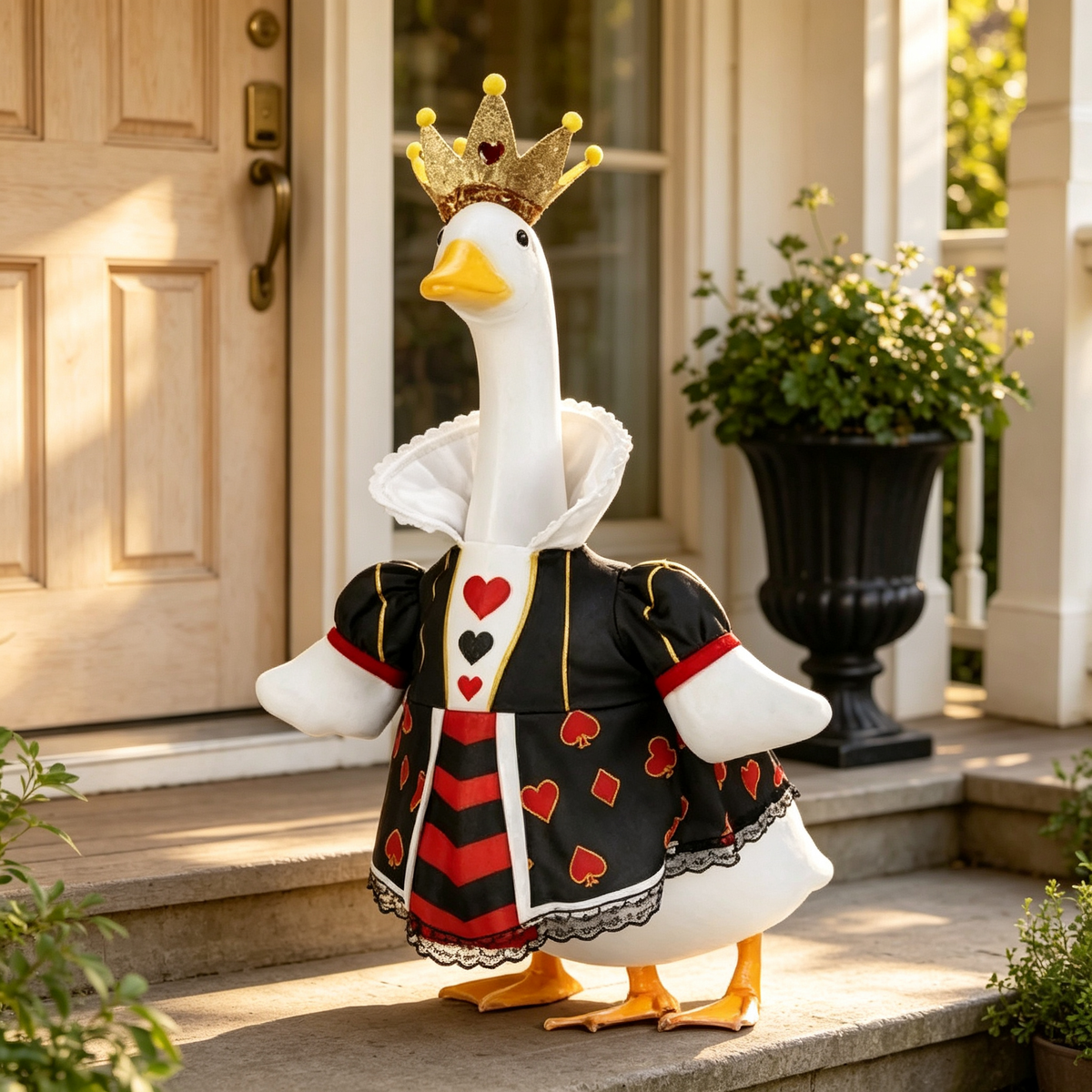Royal Queen Style Porch Goose Outfit for 23‑Inch Lawn Goose Statue, Black Red Card Suit Costume with Glitter Crown, Noble Themed Yard Display Outfit, Goose Statue NOT Included