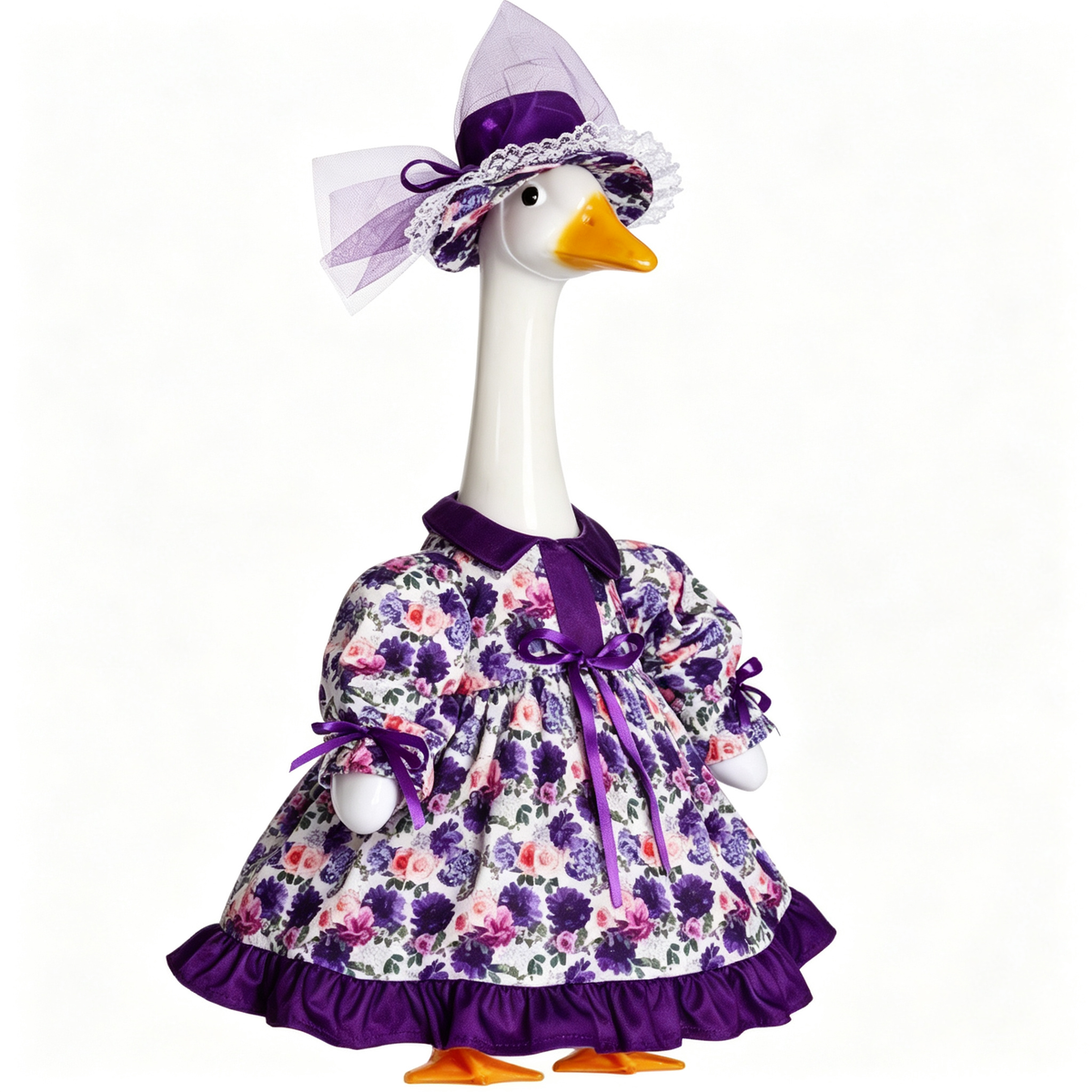Vintage Elegant Floral Porch Goose Outfit for 23‑Inch Lawn Goose Statue, Purple Flower Print Dress with Lace Tulle Hat & Satin Bow Accents, Manor‑Style Yard Display Costume, Goose Statue NOT Included