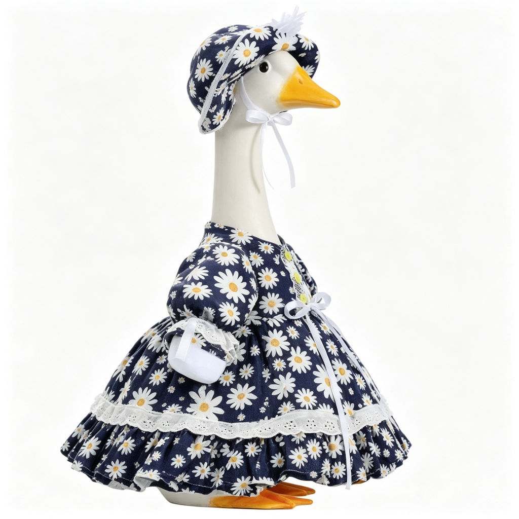 Fresh Garden‑Style Porch Goose Outfit for 23‑Inch Lawn Goose Statue, Navy Blue Daisy Print Dress with Matching Bonnet Hat, Light Spring Yard Display Costume, Goose Statue NOT Included