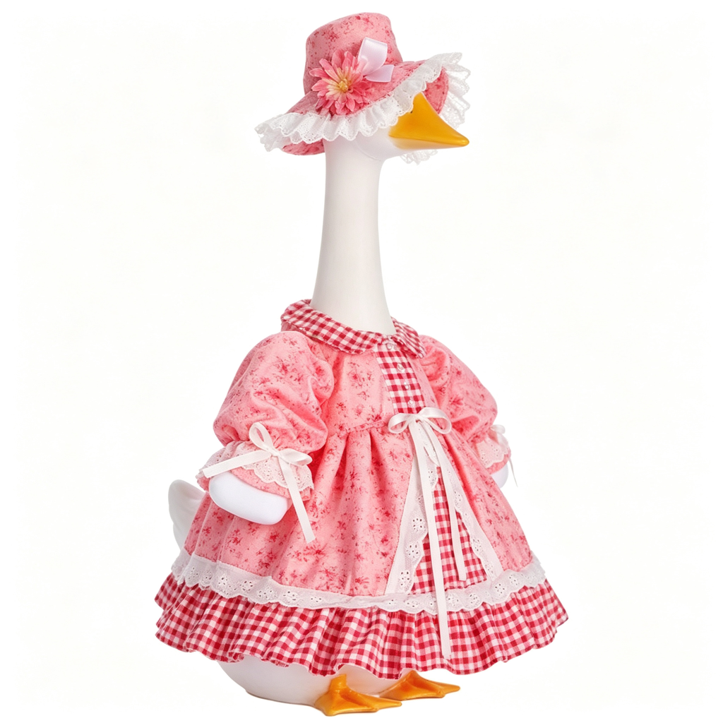 Cute Pastoral Porch Goose Outfit for 23‑Inch Lawn Goose Statue, Pink Gingham Floral Dress with Decorative Sun Hat, Sweet Country‑Style Yard Display Costume, Goose Statue NOT Included