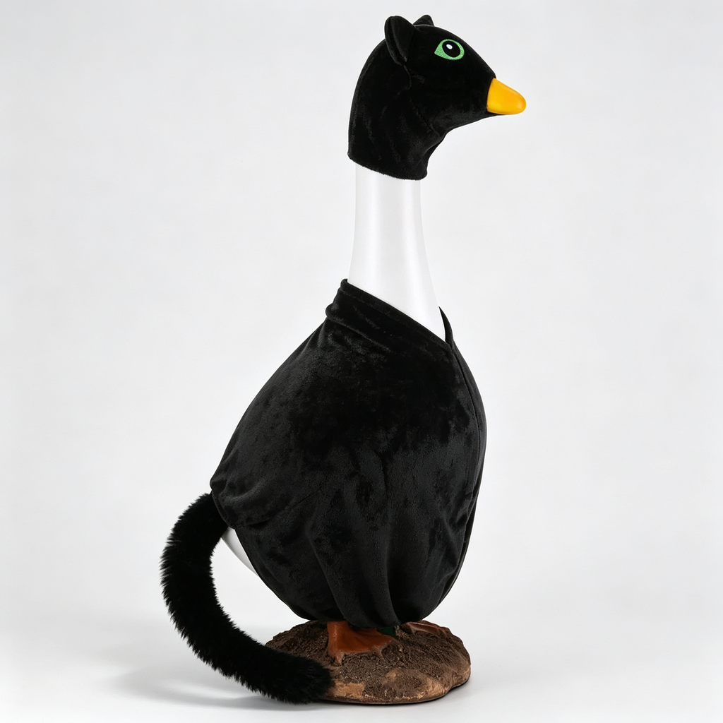 Fun Whimsical Black Cat Goose Outfit, Novelty Animal‑Themed Costume Set with Cat Head Cover & Furry Tail, Decor Accessory for 23‑Inch Lawn Goose Statue, Goose Figure Not Included