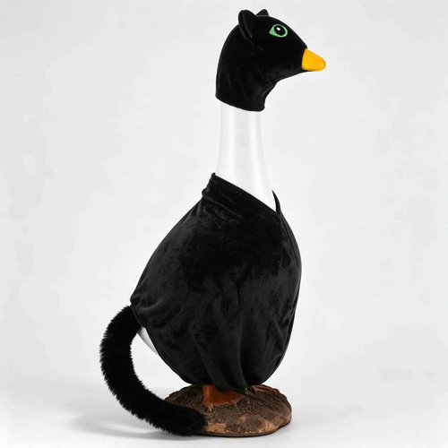 Side view of black cat Halloween costume on a 23-inch porch goose statue
