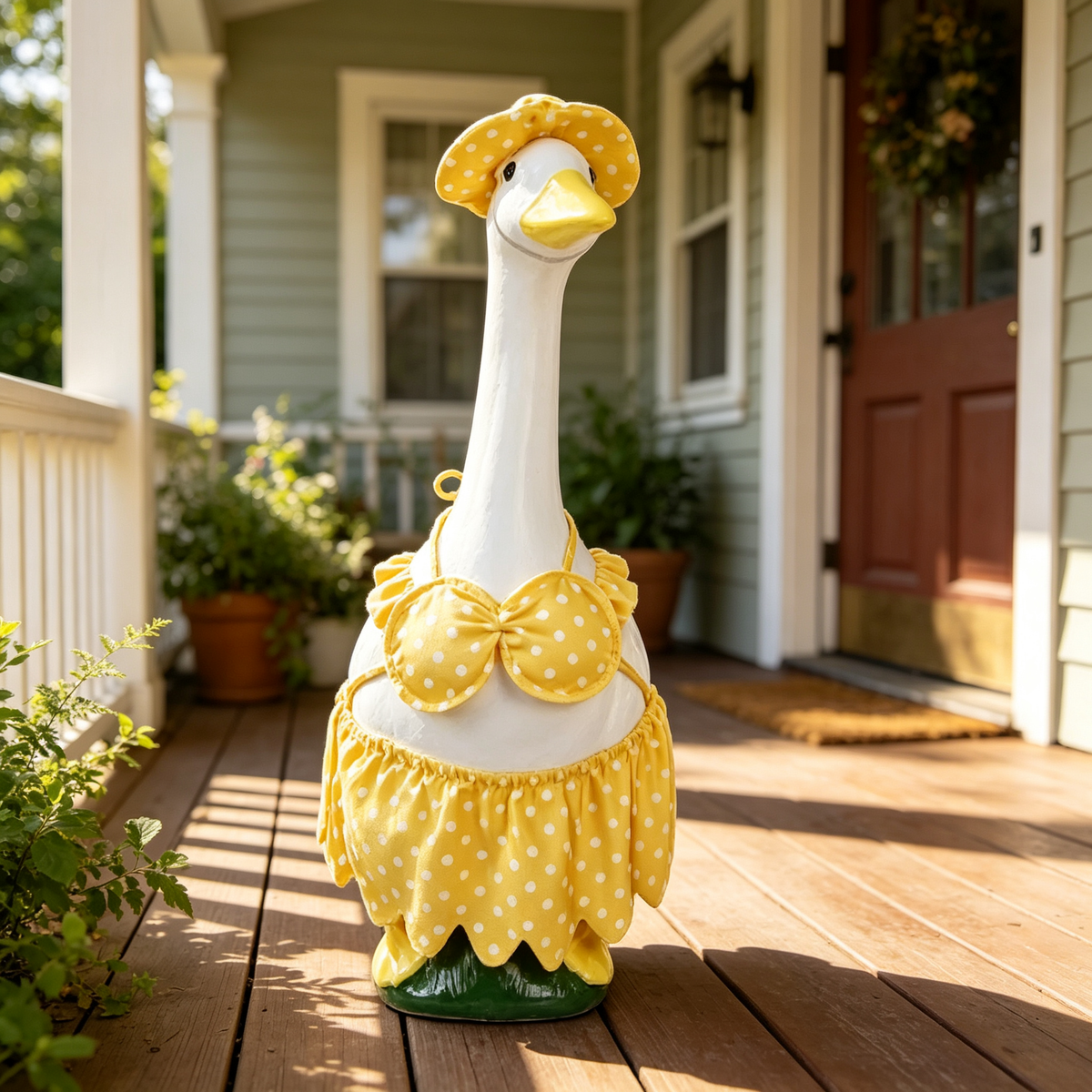 Yellow Polka‑Dot Beach Style Goose Outfit, Summer Porch Goose Costume Set with Sun Hat, Decorative Outfit for 23‑Inch Lawn Goose Statue, Goose Figure Not Included
