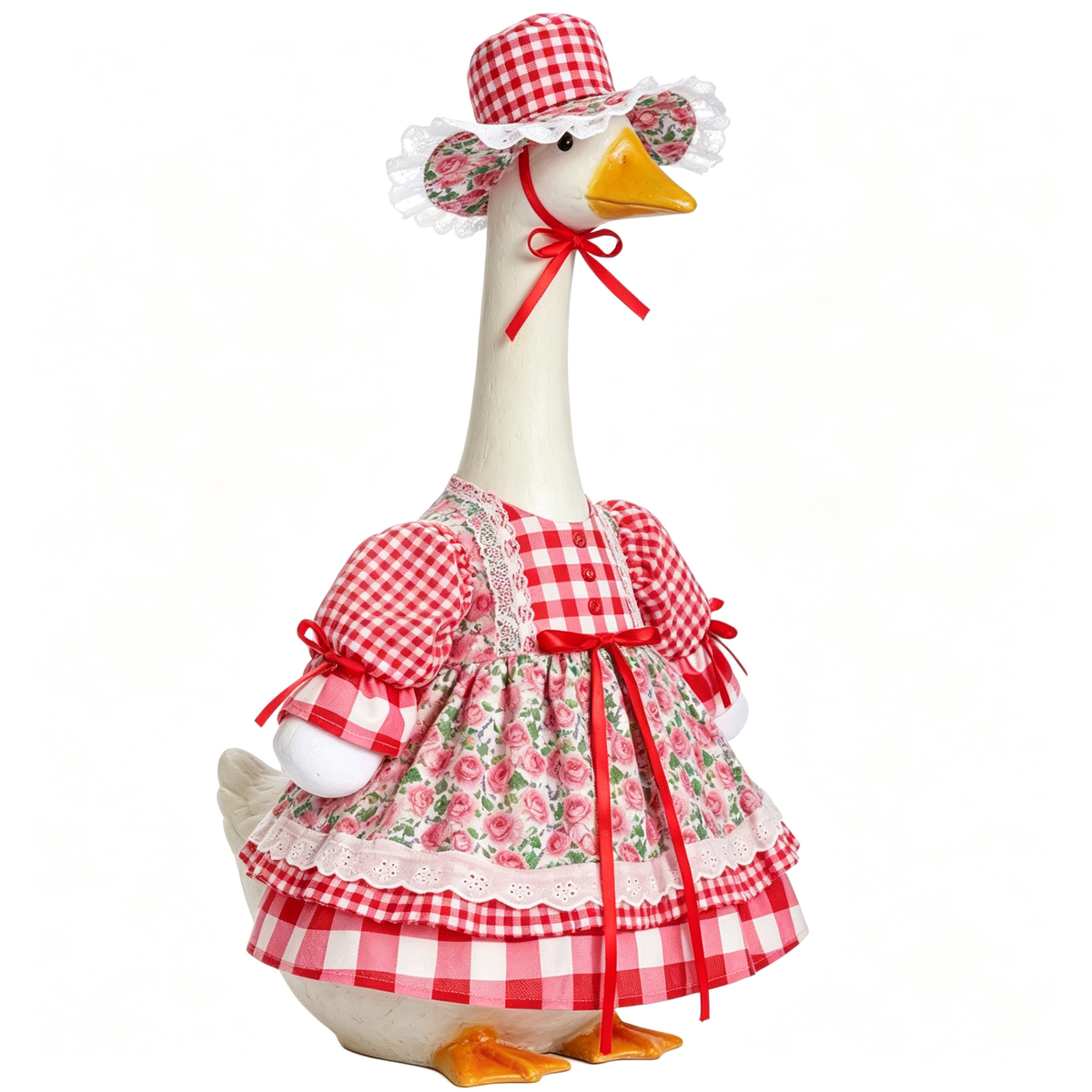 Vintage Farmhouse Porch Goose Outfit for 23‑Inch Lawn Goose Statue, Red Gingham Floral Dress with Wide‑Brim Sun Hat, Rustic Garden‑Style Yard Display Costume, Goose Statue NOT Included