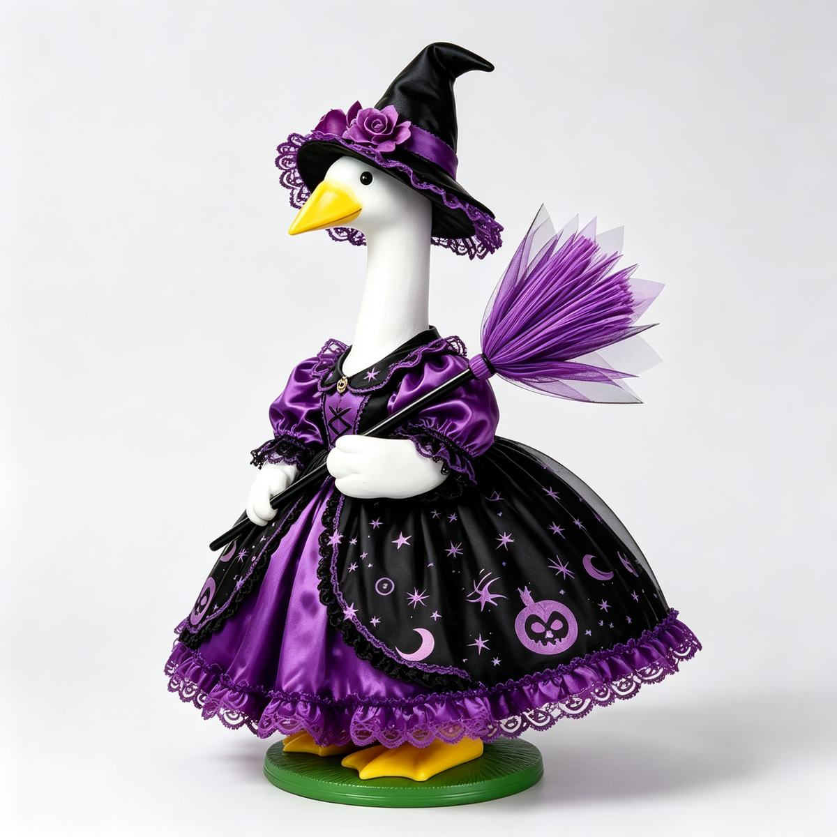 Halloween Witch Goose Costume Outfit for 23 Inch Lawn Goose Statue, Star‑Moon Print Dress with Wizard Hat & Purple Broom Accessory, Spooky Season Porch Yard Display Decor, Goose Statue NOT Included