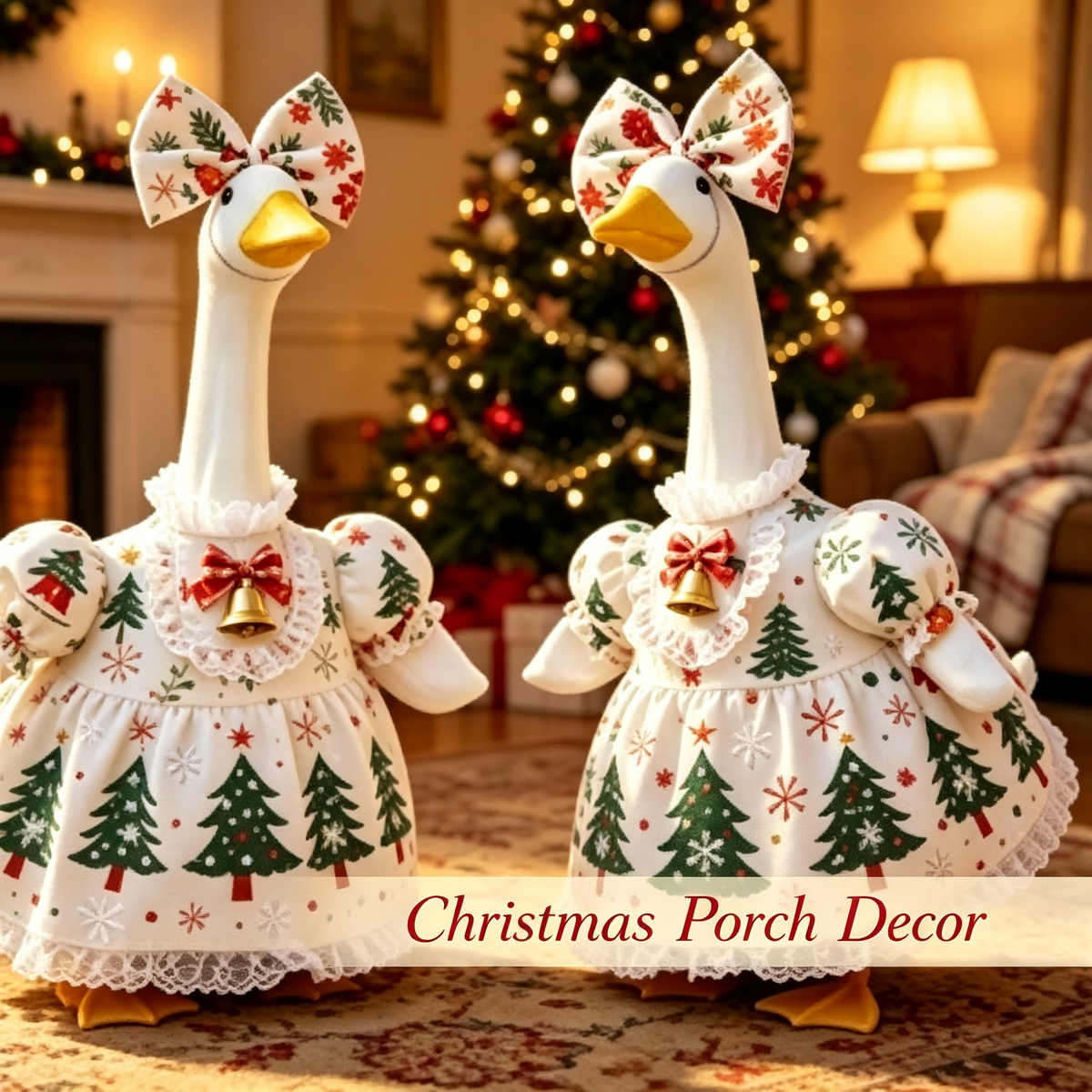 23" Porch Goose Christmas Outfit, Tree‑Snowflake Dress w/ Bow & Bell, Statue Not Included
