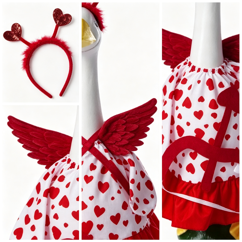 Romantic Cupid‑Style Porch Goose Outfit for 23‑Inch Lawn Goose Statue, Heart‑Print Costume with Angel Wings & Heart Headband, Themed Yard Display Costume, Goose Statue NOT Included