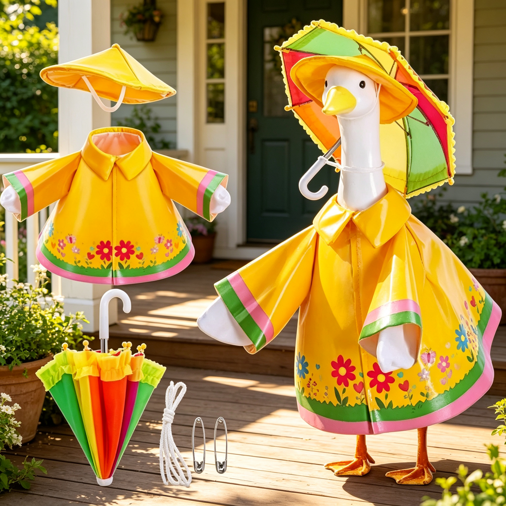 Cute Spring Rainy‑Day Goose Outfit, Playful Cartoon‑Style Raincoat Costume Set with Hat & Mini Umbrella, Decor Accessory for 23‑Inch Lawn Goose Statue, Goose Statue Not Included