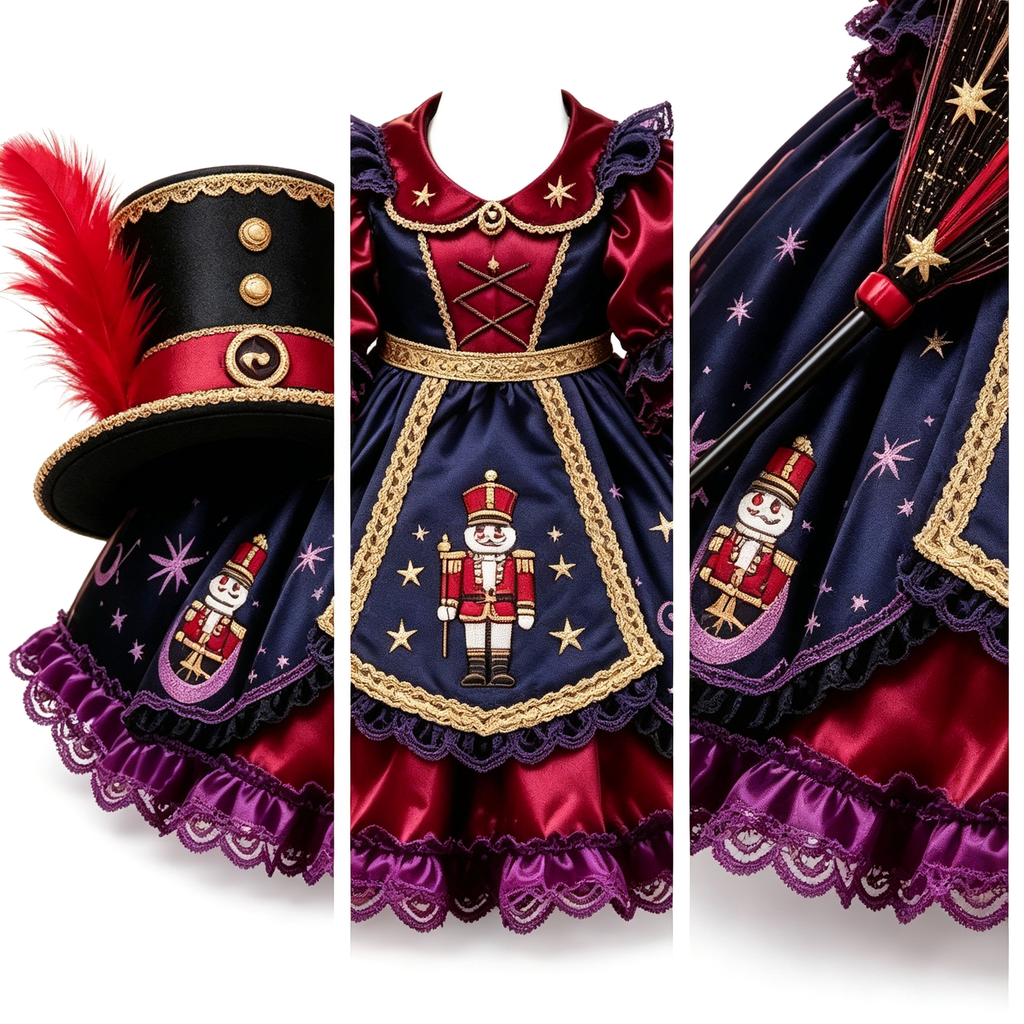 Dark Carnival‑Themed Porch Goose Outfit for 23‑Inch Lawn Goose Statue, Nutcracker & Celestial Print Costume with Top Hat & Decorative Broom, Halloween Yard Display Costume, Goose Statue NOT Included