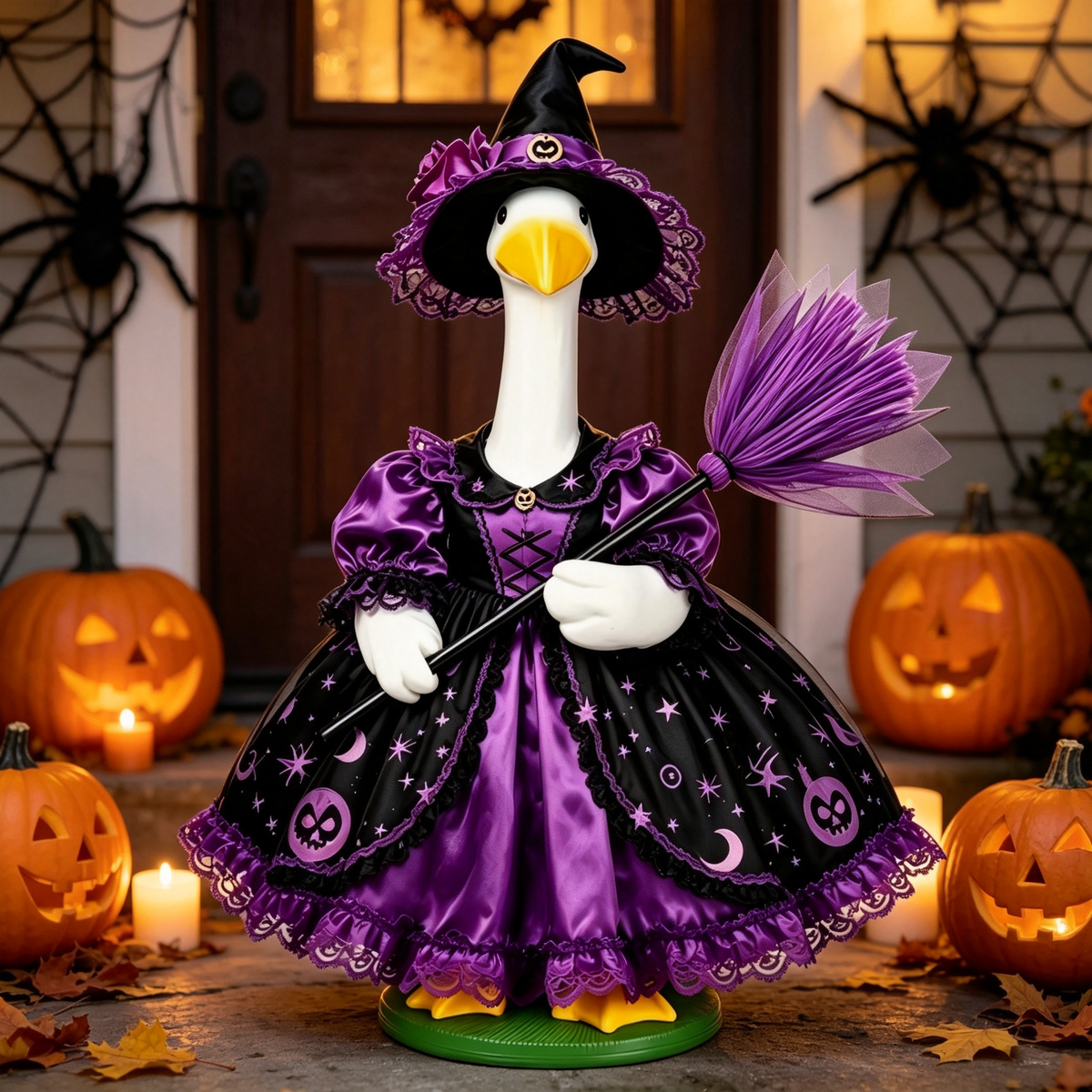 Halloween Witch Goose Costume Outfit for 23 Inch Lawn Goose Statue, Star‑Moon Print Dress with Wizard Hat & Purple Broom Accessory, Spooky Season Porch Yard Display Decor, Goose Statue NOT Included
