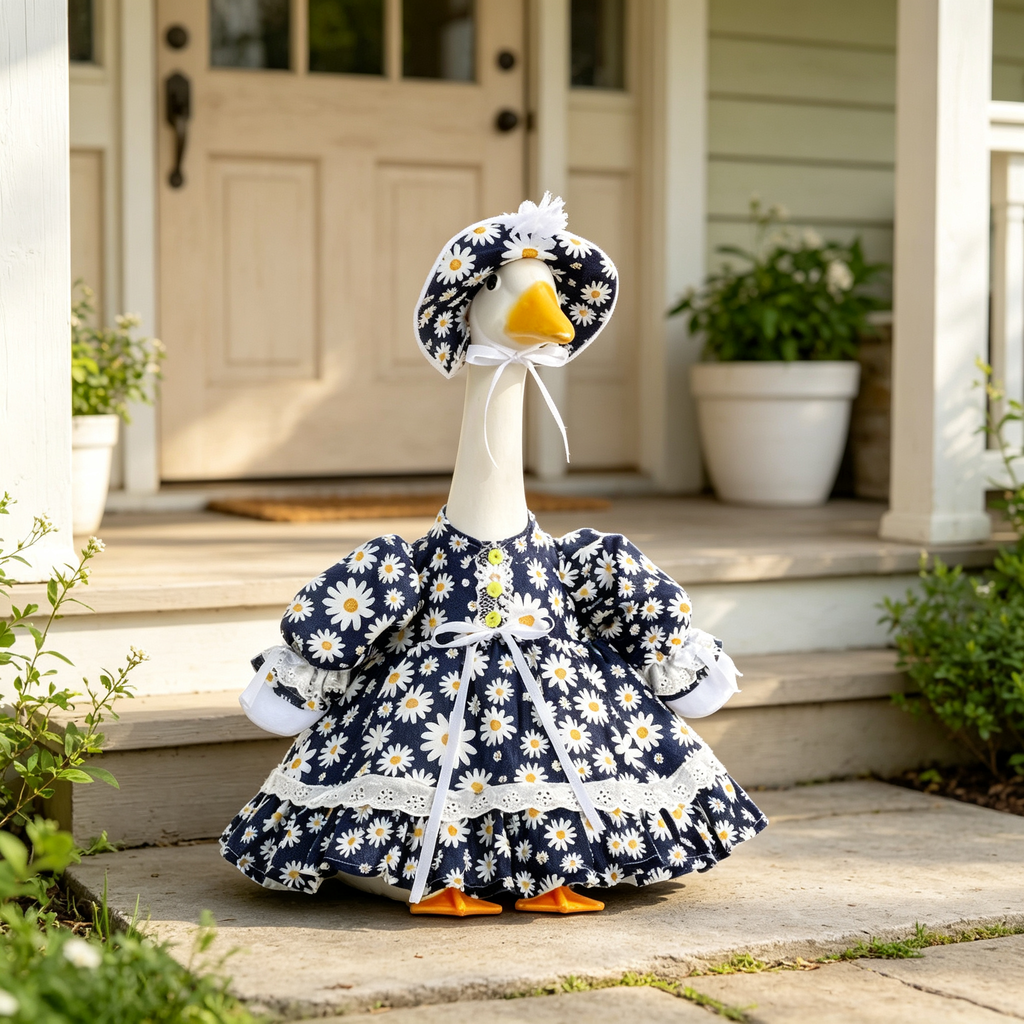 Fresh Garden‑Style Porch Goose Outfit for 23‑Inch Lawn Goose Statue, Navy Blue Daisy Print Dress with Matching Bonnet Hat, Light Spring Yard Display Costume, Goose Statue NOT Included