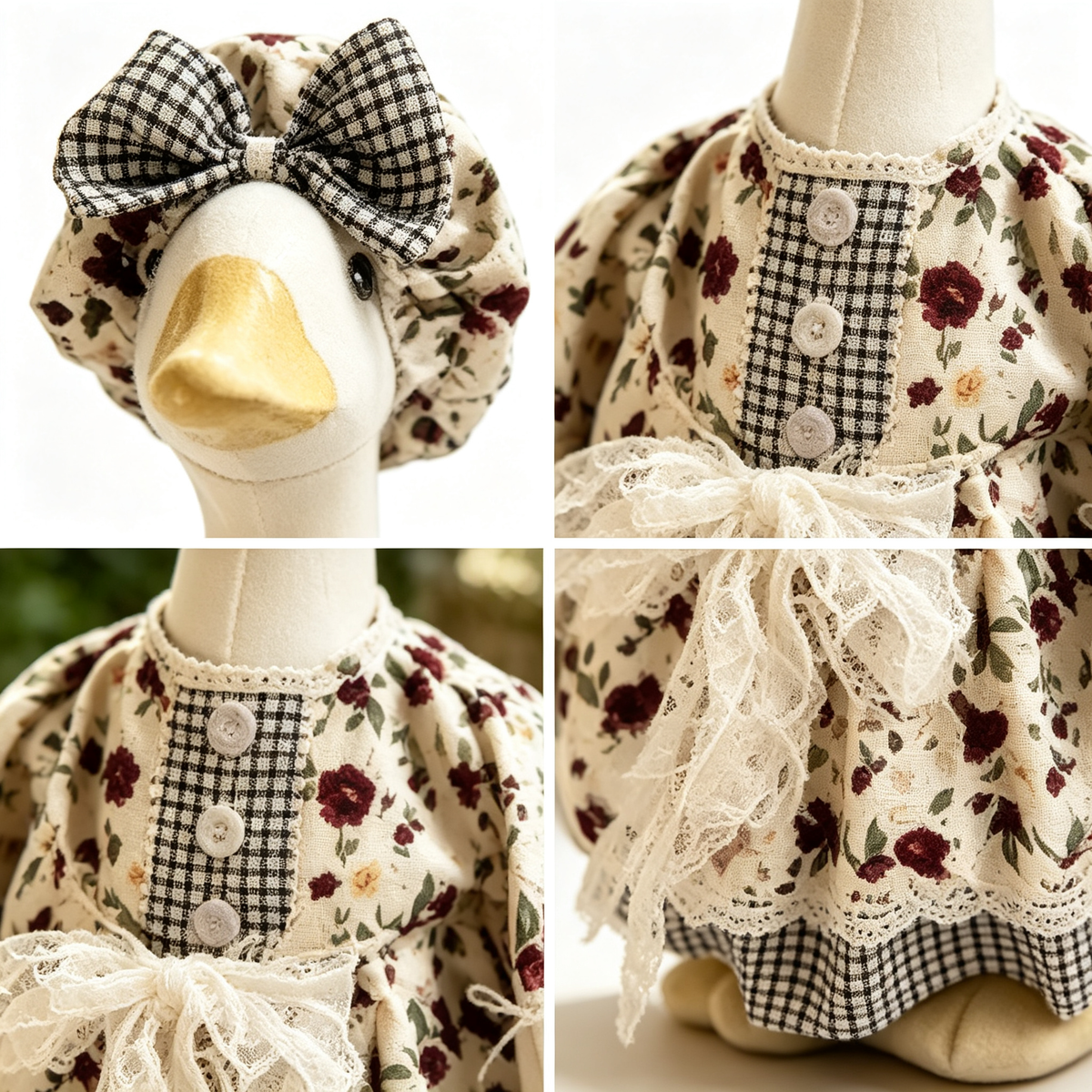 Cute Cottage‑Style Porch Goose Outfit for 23‑Inch Lawn Goose Statue, Floral Plaid Print Costume with Bow Bonnet & Lace Accent, Garden Yard Display Costume, Goose Statue NOT Included