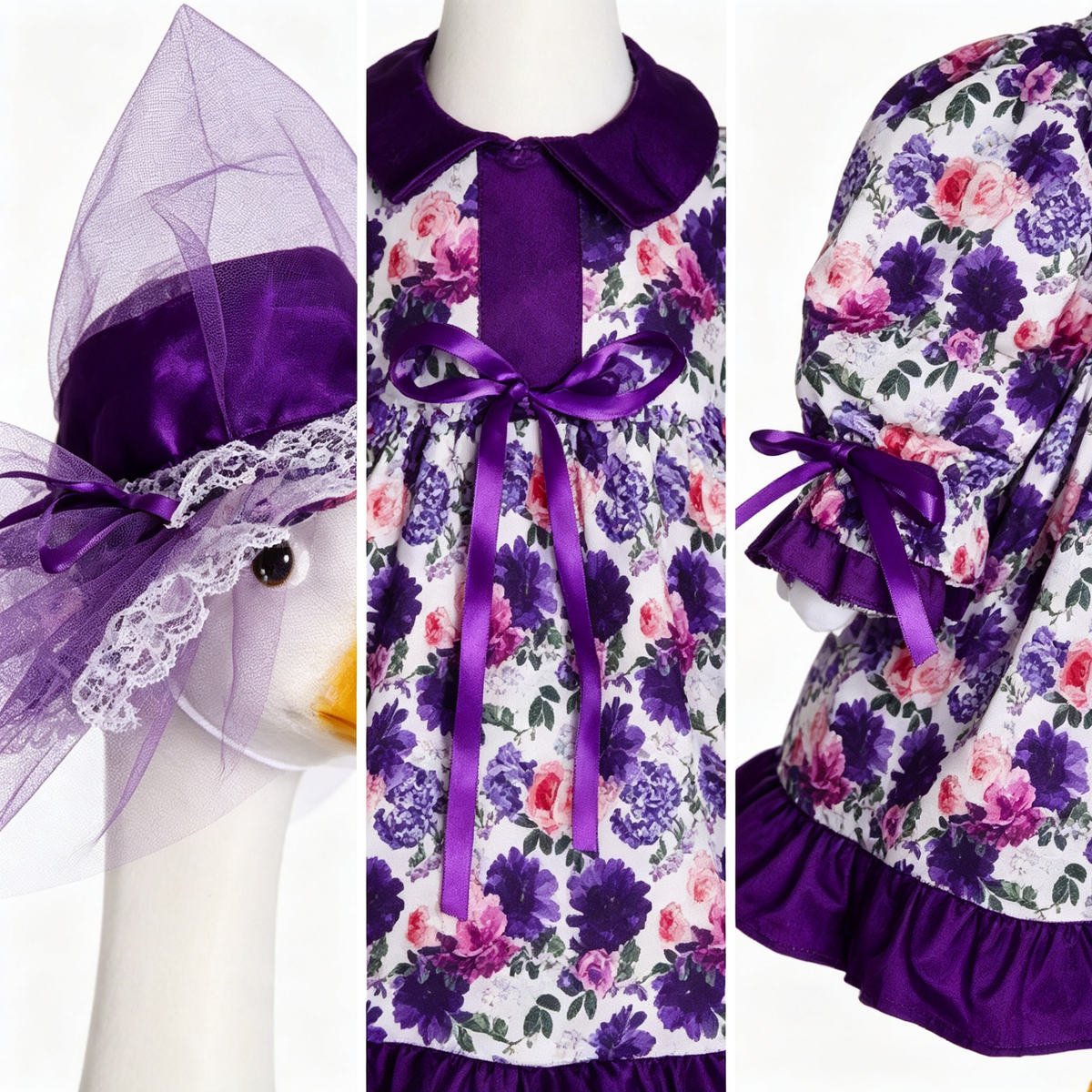 Vintage Elegant Floral Porch Goose Outfit for 23‑Inch Lawn Goose Statue, Purple Flower Print Dress with Lace Tulle Hat & Satin Bow Accents, Manor‑Style Yard Display Costume, Goose Statue NOT Included