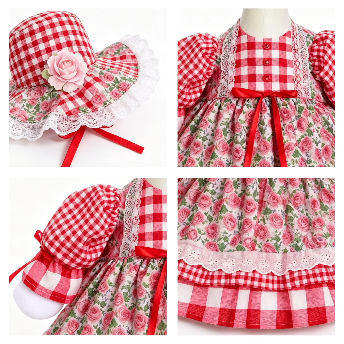 Vintage Farmhouse Porch Goose Outfit for 23‑Inch Lawn Goose Statue, Red Gingham Floral Dress with Wide‑Brim Sun Hat, Rustic Garden‑Style Yard Display Costume, Goose Statue NOT Included