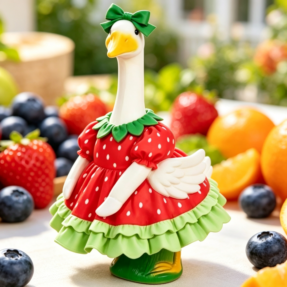 Sweet Fruit‑Themed Porch Goose Outfit for 23‑Inch Lawn Goose Statue, Strawberry Print Dress with Green Bow & Ruffled Trim, Spring Summer Yard Display Costume, Goose Statue NOT Included