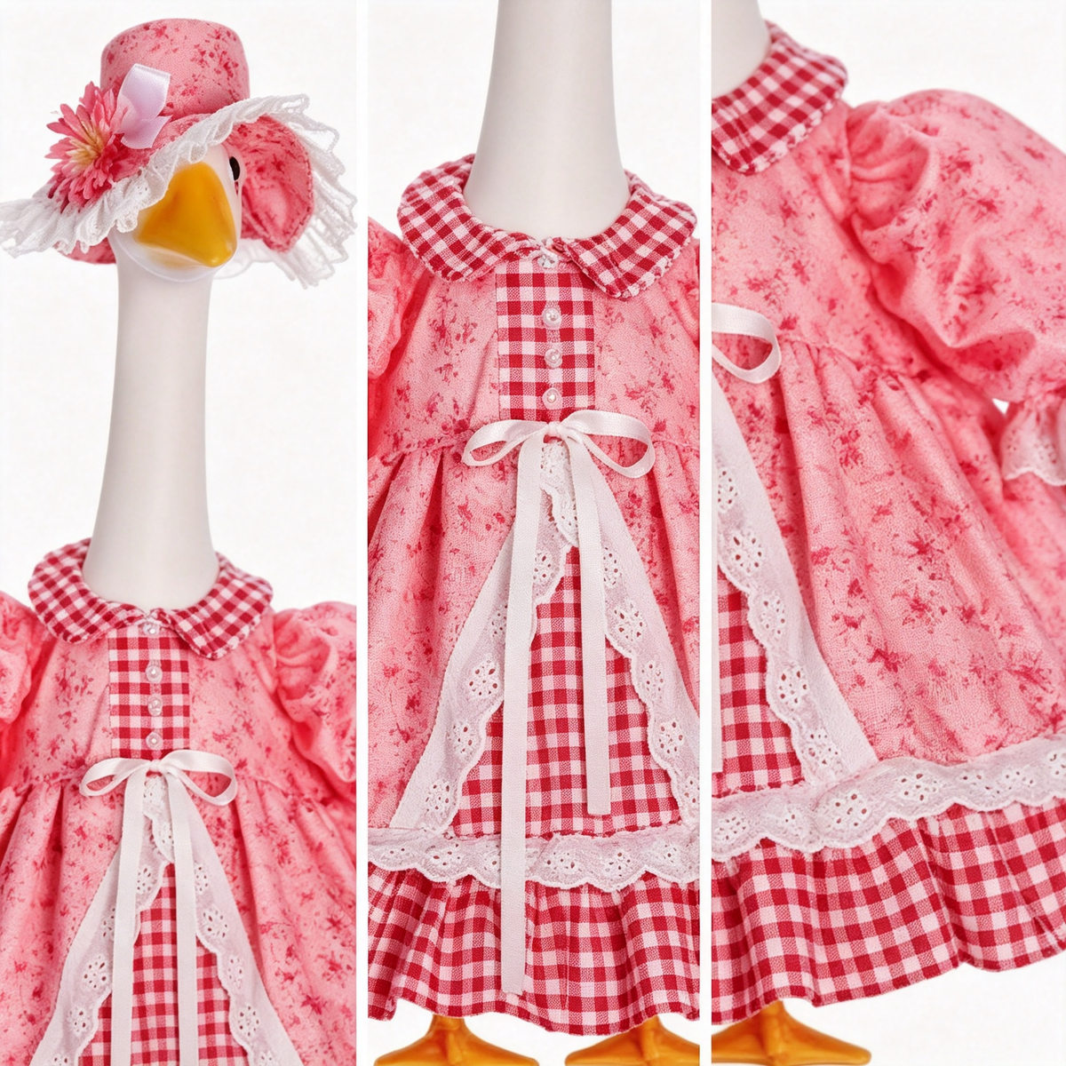 Cute Pastoral Porch Goose Outfit for 23‑Inch Lawn Goose Statue, Pink Gingham Floral Dress with Decorative Sun Hat, Sweet Country‑Style Yard Display Costume, Goose Statue NOT Included