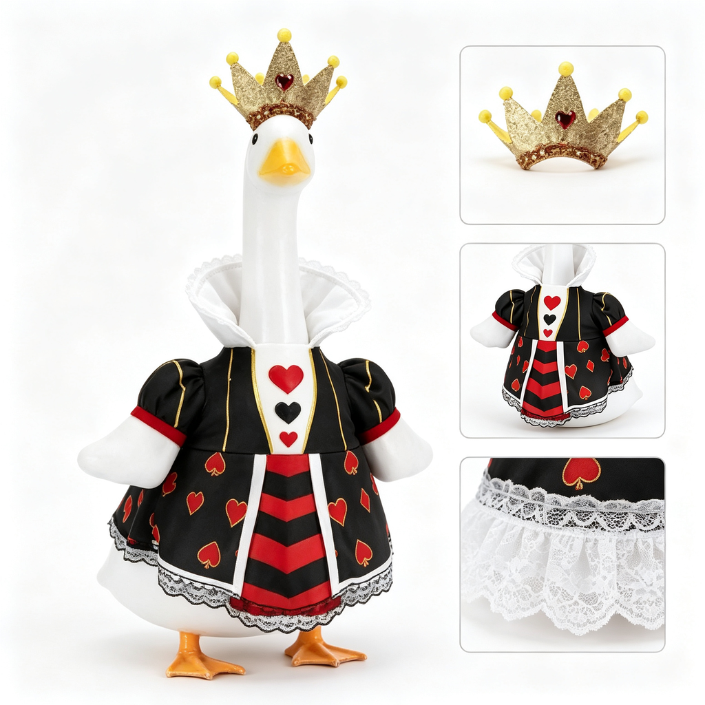 Royal Queen Style Porch Goose Outfit for 23‑Inch Lawn Goose Statue, Black Red Card Suit Costume with Glitter Crown, Noble Themed Yard Display Outfit, Goose Statue NOT Included
