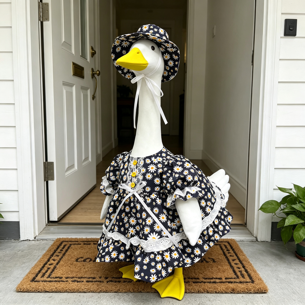 Porch Goose Outfit, Daisy Print Lace Dress with Sun Hat Set, 23 Inch Lawn Goose Clothes for Yard Patio Porch Outdoor Spring Summer Decor