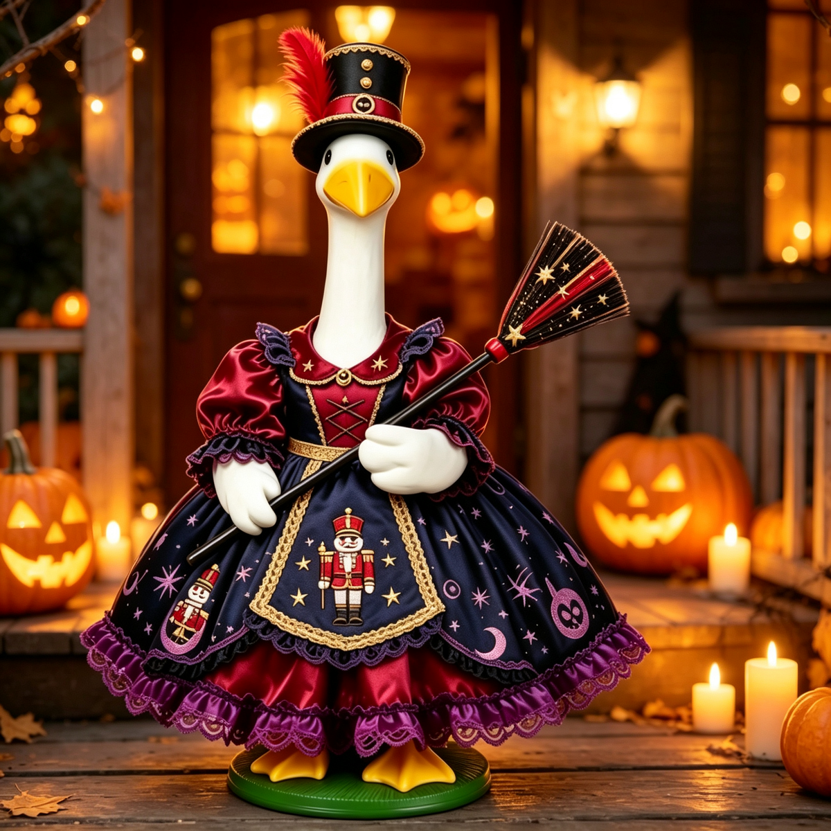 Dark Carnival‑Themed Porch Goose Outfit for 23‑Inch Lawn Goose Statue, Nutcracker & Celestial Print Costume with Top Hat & Decorative Broom, Halloween Yard Display Costume, Goose Statue NOT Included
