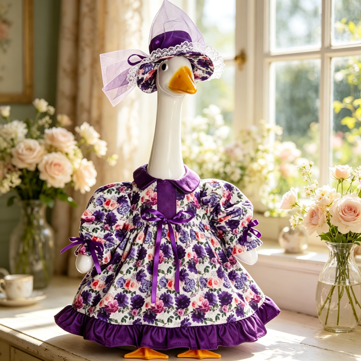 Vintage Elegant Floral Porch Goose Outfit for 23‑Inch Lawn Goose Statue, Purple Flower Print Dress with Lace Tulle Hat & Satin Bow Accents, Manor‑Style Yard Display Costume, Goose Statue NOT Included