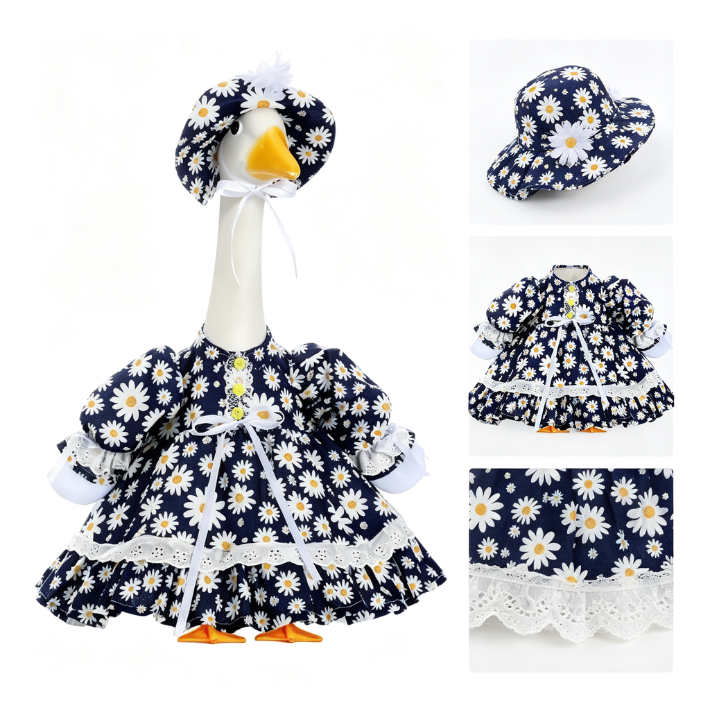 Fresh Garden‑Style Porch Goose Outfit for 23‑Inch Lawn Goose Statue, Navy Blue Daisy Print Dress with Matching Bonnet Hat, Light Spring Yard Display Costume, Goose Statue NOT Included