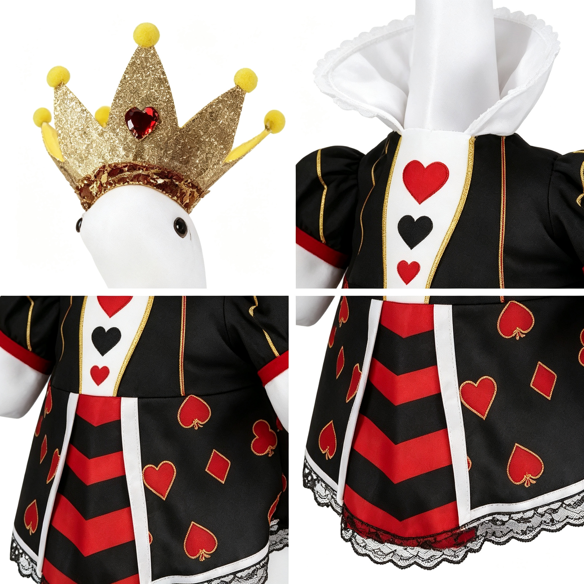 Royal Queen Style Porch Goose Outfit for 23‑Inch Lawn Goose Statue, Black Red Card Suit Costume with Glitter Crown, Noble Themed Yard Display Outfit, Goose Statue NOT Included