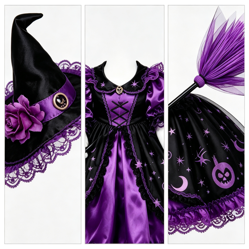 Halloween Witch Goose Costume Outfit for 23 Inch Lawn Goose Statue, Star‑Moon Print Dress with Wizard Hat & Purple Broom Accessory, Spooky Season Porch Yard Display Decor, Goose Statue NOT Included