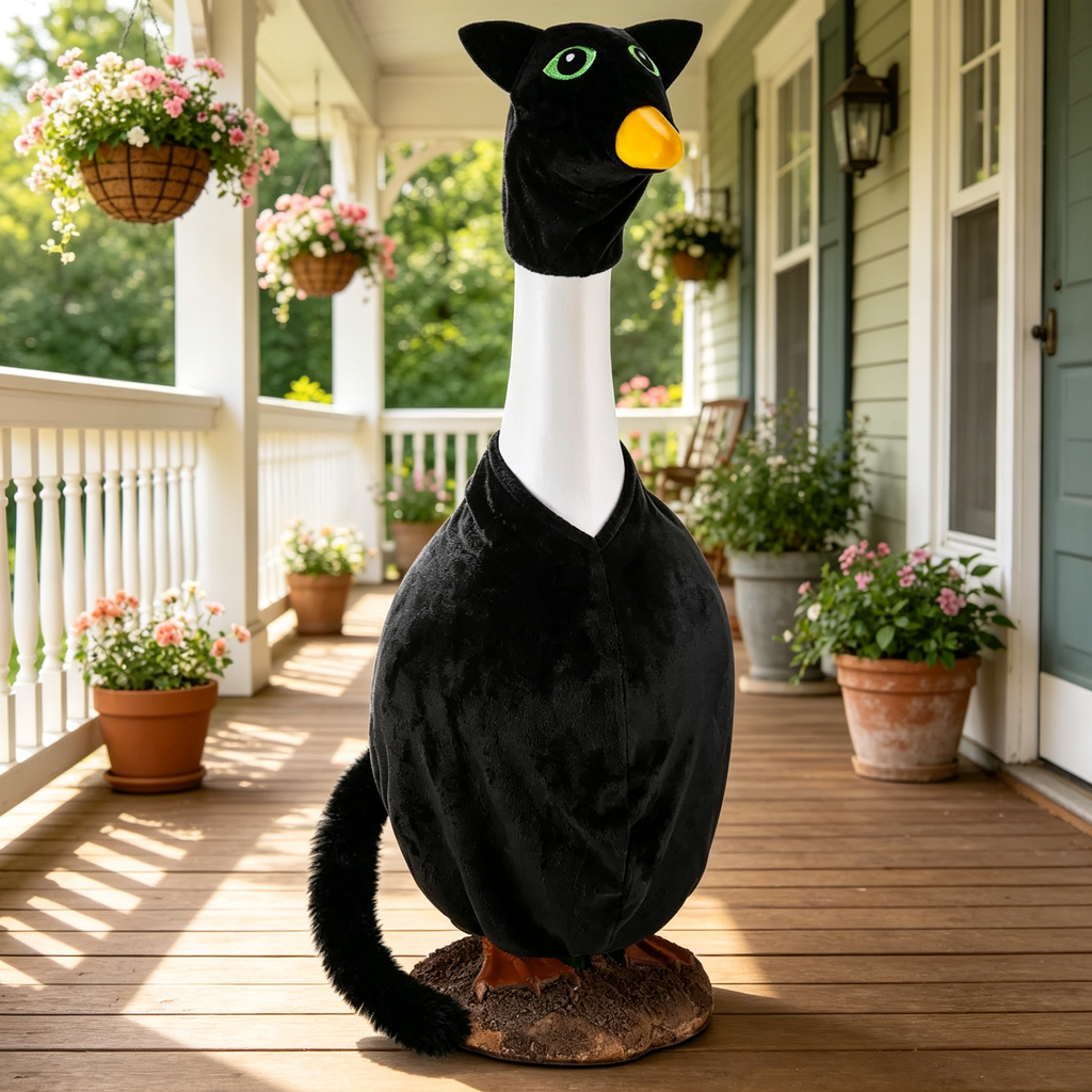 Fun Whimsical Black Cat Goose Outfit, Novelty Animal‑Themed Costume Set with Cat Head Cover & Furry Tail, Decor Accessory for 23‑Inch Lawn Goose Statue, Goose Figure Not Included