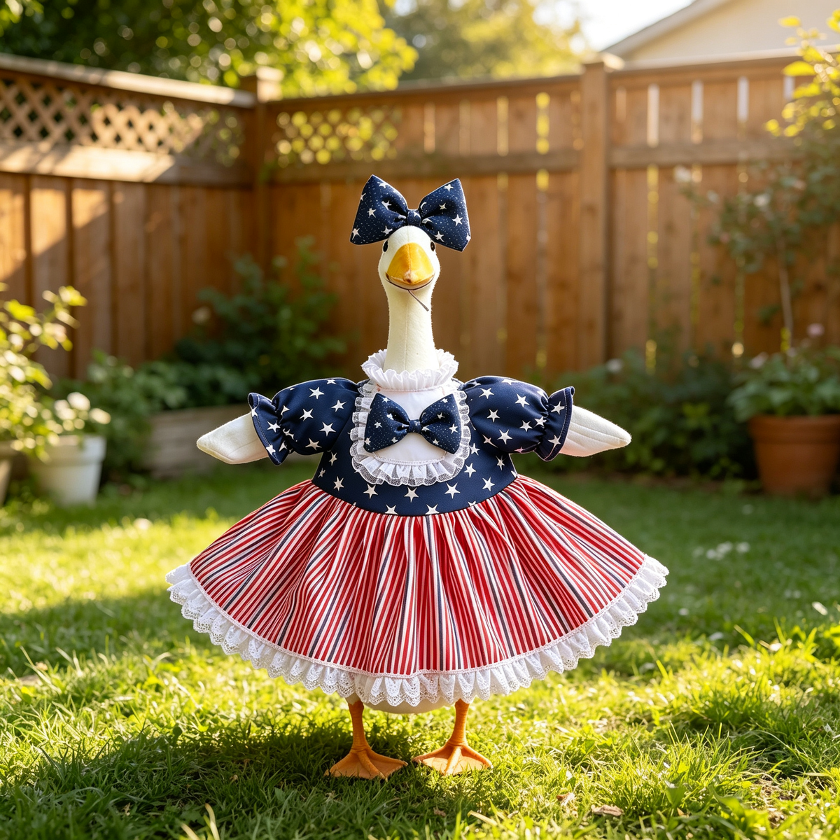 Patriotic Americana Porch Goose Outfit for 23‑Inch Lawn Goose Statue, Star‑Stripe Themed Dress with Large Bow & Lace Trim, Independence Day Yard Display Costume, Goose Statue NOT Included