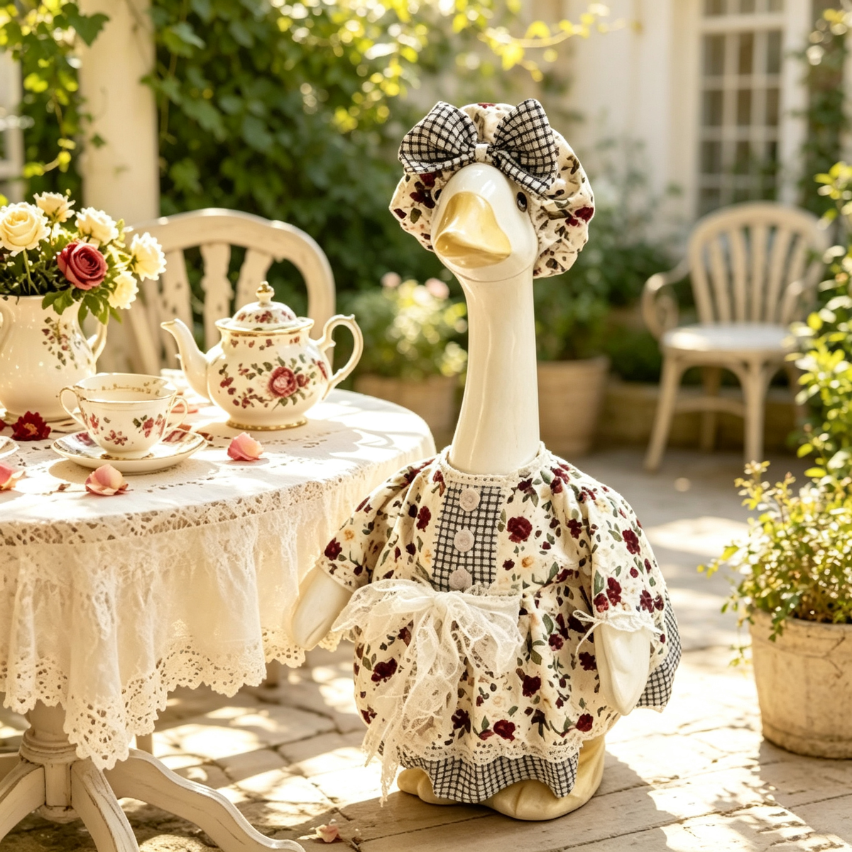 Cute Cottage‑Style Porch Goose Outfit for 23‑Inch Lawn Goose Statue, Floral Plaid Print Costume with Bow Bonnet & Lace Accent, Garden Yard Display Costume, Goose Statue NOT Included