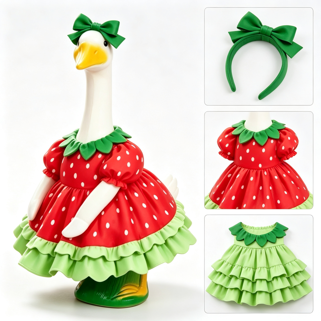 Sweet Fruit‑Themed Porch Goose Outfit for 23‑Inch Lawn Goose Statue, Strawberry Print Dress with Green Bow & Ruffled Trim, Spring Summer Yard Display Costume, Goose Statue NOT Included