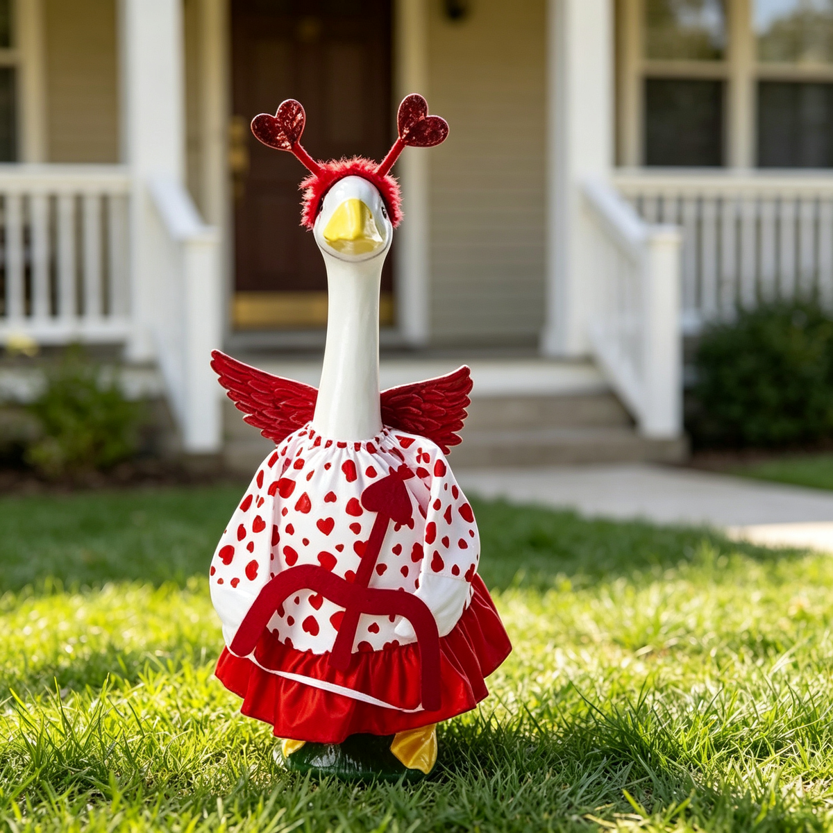 Romantic Cupid‑Style Porch Goose Outfit for 23‑Inch Lawn Goose Statue, Heart‑Print Costume with Angel Wings & Heart Headband, Themed Yard Display Costume, Goose Statue NOT Included