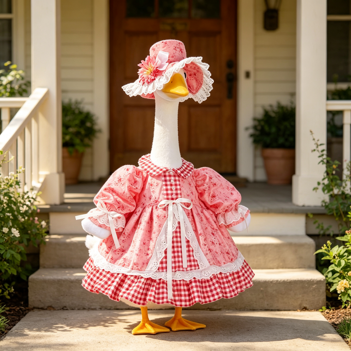 Cute Pastoral Porch Goose Outfit for 23‑Inch Lawn Goose Statue, Pink Gingham Floral Dress with Decorative Sun Hat, Sweet Country‑Style Yard Display Costume, Goose Statue NOT Included