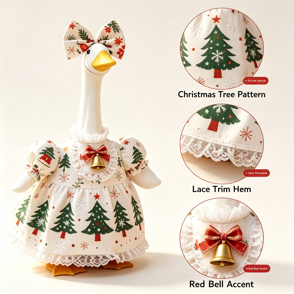 23" Porch Goose Christmas Outfit, Tree‑Snowflake Dress w/ Bow & Bell, Statue Not Included