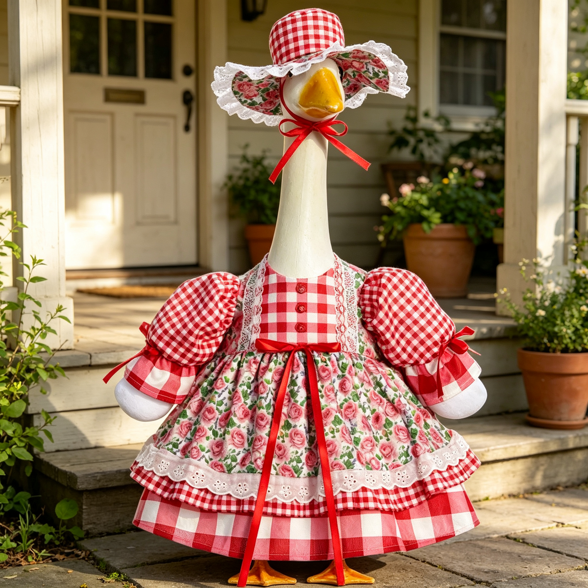 Vintage Farmhouse Porch Goose Outfit for 23‑Inch Lawn Goose Statue, Red Gingham Floral Dress with Wide‑Brim Sun Hat, Rustic Garden‑Style Yard Display Costume, Goose Statue NOT Included
