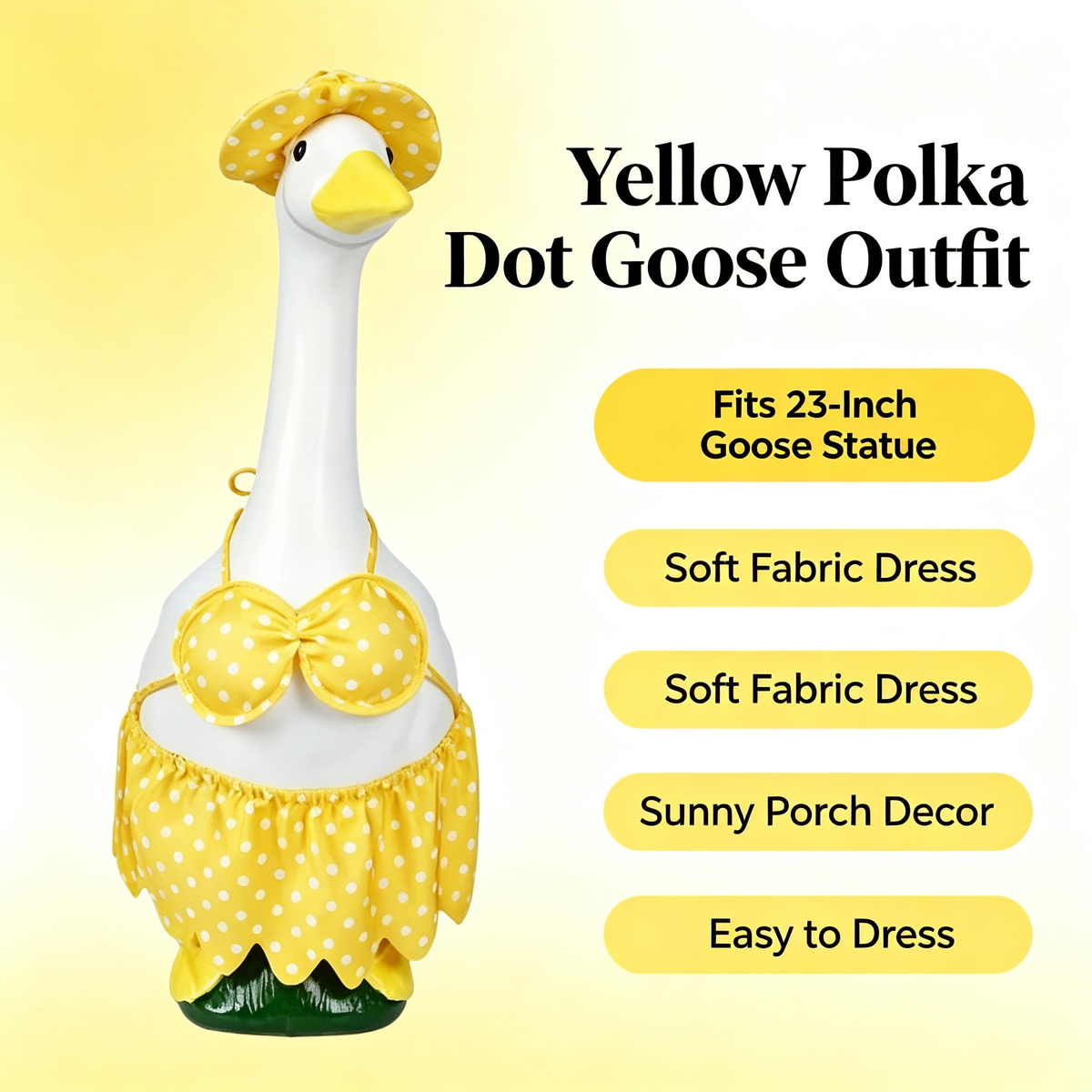 Yellow Polka‑Dot Beach Style Goose Outfit, Summer Porch Goose Costume Set with Sun Hat, Decorative Outfit for 23‑Inch Lawn Goose Statue, Goose Figure Not Included